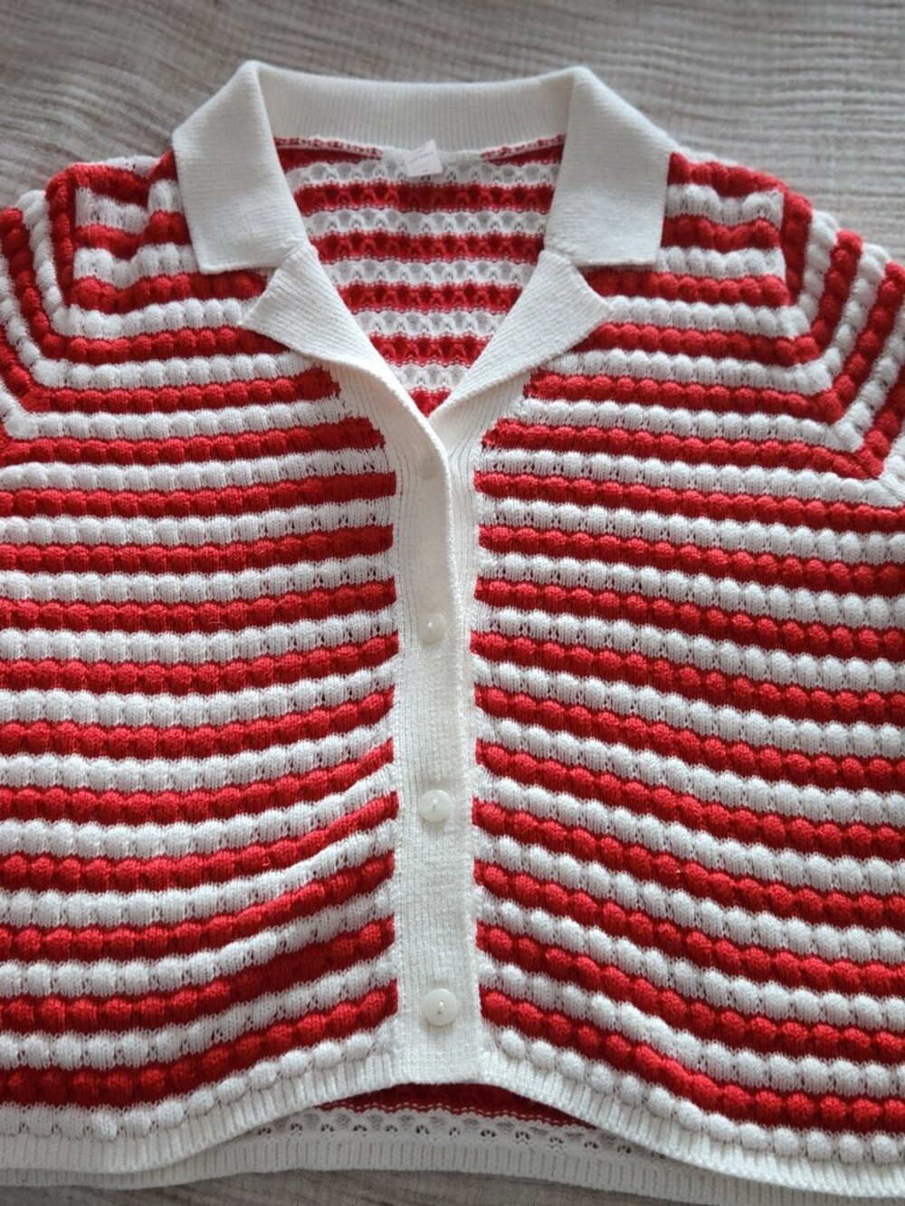 Red and White Striped Knit Short-Sleeve Sweater